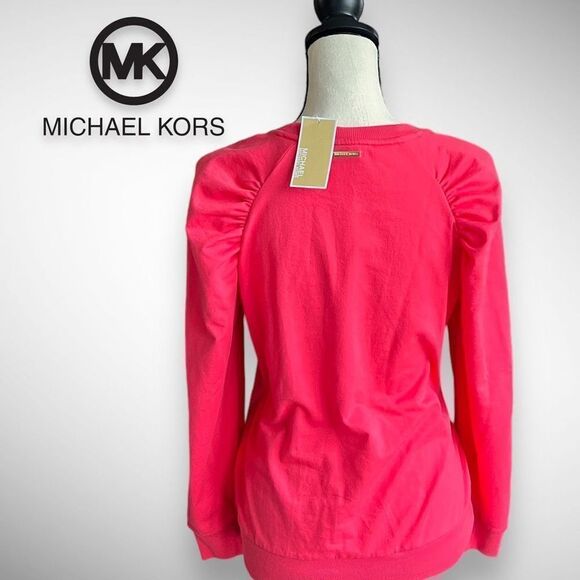 🚫SOLD🚫NWT Michael Kors Crew Neck Puff Shoulder Long Sleeve Top in Geranium - Picture 10 of 11